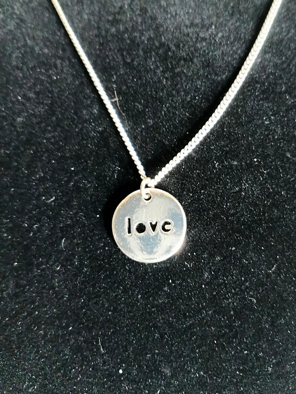 Polished Silver Tone 'Love' Disc Pendant Necklace for Women